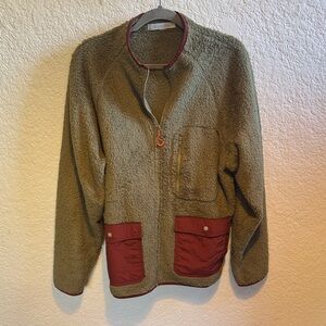 Outerknown Olive Green Sherpa Jacket with Burgundy Accents